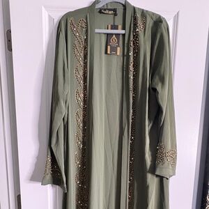 Sultan Brand Beaded Olive Green Open Front Abaya
